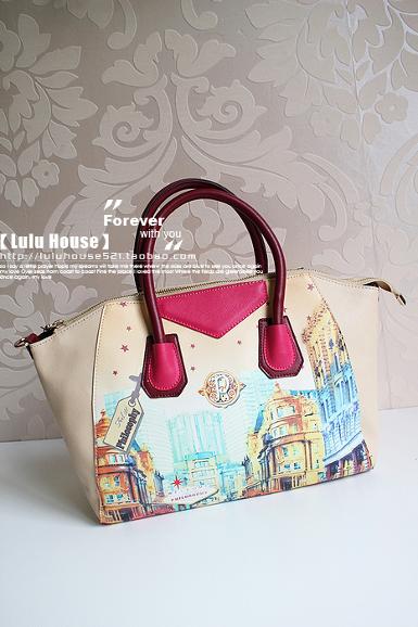 Pre-order กระเป๋าLuluhouse รุ่น LL78or2 สีivory ตกแต่งด้วยหนังด้านข้างสีชมพู 